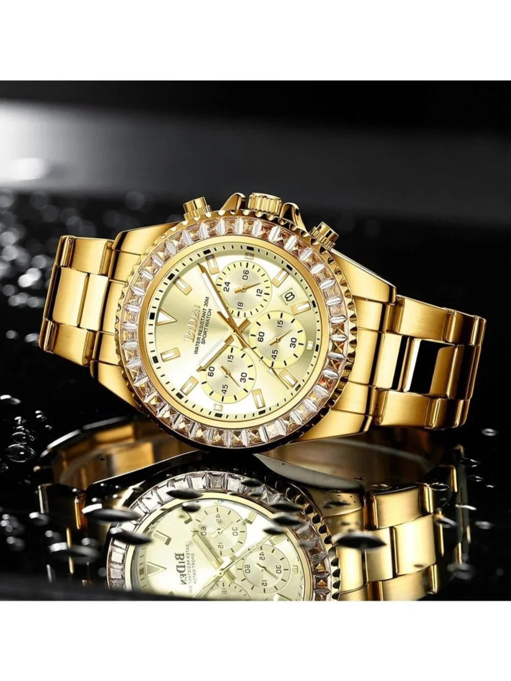 Men's Gold White Luxury Stainless Steel Analog Chronograph Classic Wrist Watch
